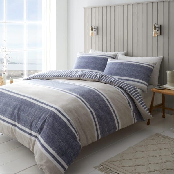 Catherine Lansfield Textured Banded Stripe Blue Duvet Set Single